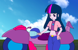 Size: 1016x660 | Tagged: safe, artist:optip, derpibooru import, twilight sparkle, equestria girls, motorcycle