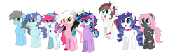 Size: 6992x2239 | Tagged: safe, artist:cornerverse, derpibooru import, oc, oc:allegro, oc:heartbeat, oc:jewel, oc:party planner, oc:physics break, oc:radiant dusk, oc:star glow, oc:windy zephyr, base used, interspecies offspring, offspring, parent:discord, parent:fancypants, parent:fluttershy, parent:oc:bright heart, parent:party favor, parent:pinkie pie, parent:rainbow dash, parent:rarity, parent:thunderlane, parent:twilight sparkle, parents:canon x oc, parents:discopie, parents:partypie, parents:pinata, parents:raripants, parents:thundershy, simple background, transparent background