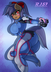 Size: 1800x2500 | Tagged: safe, artist:renegade-157, derpibooru import, oc, oc only, oc:blueberry crisp, anthro, anatomically incorrect, anthro oc, ass, clothes, commission, cosplay, costume, d.va, female, gun, open mouth, overwatch, solo, thick, tight clothing, weapon