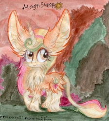 Size: 2441x2727 | Tagged: safe, artist:magnifsunspiration, derpibooru import, oc, oc only, oc:golden autumnwind, pony, unicorn, cheek fluff, chest fluff, ear fluff, female, filly, fluffy, impossibly large ears, mare, solo, traditional art, unshorn fetlocks