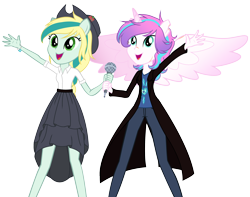 Size: 2884x2274 | Tagged: safe, artist:cornerverse, derpibooru import, princess flurry heart, oc, oc:lullaby, equestria girls, base used, canon x oc, equestria girls-ified, female, lesbian, magical lesbian spawn, microphone, offspring, offspring shipping, older, older flurry heart, parent:applejack, parent:coloratura, parents:rarajack, ponied up, shipping, simple background, spread wings, transparent background, wings