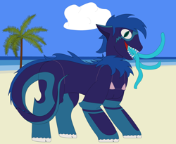 Size: 2750x2250 | Tagged: safe, artist:minus, derpibooru exclusive, derpibooru import, oc, oc only, oc:viper, monster pony, original species, pony, tatzlpony, beach, bikini, clothes, cloud, colored, crossdressing, male, ocean, palm tree, sand, secret santa, sharp teeth, sky, solo, summer, swimsuit, teeth, tongue out, tree