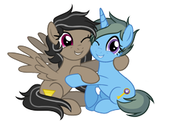Size: 1292x906 | Tagged: safe, artist:cornerverse, derpibooru import, oc, oc only, oc:courage, oc:key finder, pegasus, pony, unicorn, fame and misfortune, base used, female, flawless, lesbian, magical lesbian spawn, mare, oc x oc, offspring, offspring shipping, parent:daring do, parent:doctor caballeron, parent:marble pie, parent:minuette, parents:daballeron, shipping, simple background, spread wings, transparent background, wings