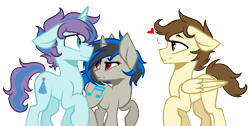 Size: 3024x1529 | Tagged: safe, artist:cornerverse, derpibooru import, pound cake, oc, oc:electric violin, oc:party planner, pegasus, pony, unicorn, base used, canon x oc, gay, heart, magical lesbian spawn, male, offspring, offspring shipping, parent:octavia melody, parent:party favor, parent:pinkie pie, parent:vinyl scratch, parents:partypie, parents:scratchtavia, shipping, simple background, transparent background, wavy mouth