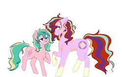 Size: 3024x1917 | Tagged: safe, artist:cornerverse, derpibooru import, oc, oc only, oc:quintessence, oc:supernova, unicorn, base used, female, lesbian, mare, oc x oc, offspring, offspring shipping, one eye closed, parent:starlight glimmer, parent:sunburst, parents:starburst, scar, shipping, simple background, socks (coat marking), transparent background