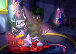 Size: 1050x750 | Tagged: safe, alternate version, artist:breioom, derpibooru import, twilight sparkle, twilight sparkle (alicorn), oc, oc:midnight (dimensional shift), alicorn, pony, book, canon x oc, crystal, female, male, reading, straight, twilight's castle