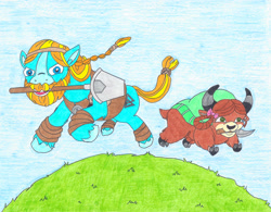 Size: 2155x1681 | Tagged: safe, artist:jamestkelley, derpibooru import, rockhoof, yona, earth pony, pony, yak, bow, cloven hooves, colored pencil drawing, cute, female, grass, hair bow, happy, hill, leaping, looking at you, male, monkey swings, mouth hold, rockhoof's shovel, simple background, stallion, traditional art, trowel