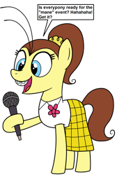 Size: 2297x3425 | Tagged: safe, artist:eagc7, derpibooru import, earth pony, pony, bucktooth, clothes, dialogue, female, flower, luan loud, mare, microphone, nickelodeon, ponified, ponytail, simple background, skirt, solo, text, the loud house, transparent background