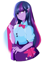 Size: 836x1116 | Tagged: safe, artist:buttoni-i, derpibooru import, twilight sparkle, equestria girls, clothes, elf ears, female, simple background, smiling, solo, transparent background