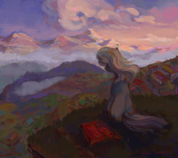 Size: 1910x1698 | Tagged: safe, artist:malinetourmaline, derpibooru import, earth pony, pony, art trade, female, looking away, mare, mountain, scenery, solo