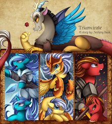 Size: 2990x3301 | Tagged: safe, artist:pridark, derpibooru import, discord, oc, draconequus, earth pony, pegasus, pony, unicorn, fanfic:triumvirate, armor, clothes, cover art, dice, electricity, fanfic, fanfic art, fanfic cover, fire, ice, open mouth