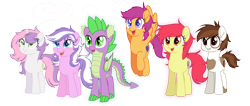 Size: 5280x2239 | Tagged: safe, artist:cornerverse, derpibooru import, apple bloom, diamond tiara, pipsqueak, scootaloo, spike, sweetie belle, dragon, alternate cutie mark, alternate hairstyle, base used, cutie mark crusaders, loose hair, older, older apple bloom, older diamond tiara, older pipsqueak, older scootaloo, older spike, older sweetie belle, simple background, transparent background, winged spike