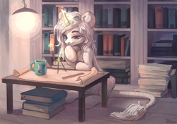 Size: 2626x1846 | Tagged: safe, artist:graypillow, derpibooru import, oc, oc only, oc:arrow, pony, unicorn, book, bookshelf, coffee, commission, compass, female, glowing horn, leonine tail, magic, mare, pencil, ruler, table, telekinesis