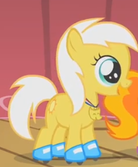 Size: 196x237 | Tagged: safe, derpibooru import, screencap, peachy pie, sunny daze, earth pony, pony, the show stoppers, cropped, female, filly, medal, roller skates, solo focus