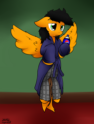 Size: 1190x1570 | Tagged: safe, artist:the-furry-railfan, derpibooru import, oc, oc only, oc:twintails, bed mane, clothes, drink, flying, lazy, morning, pajamas, pepsi, robe, soda, spread wings, wings