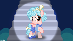 Size: 3920x2205 | Tagged: safe, artist:syrinxpriest2112, derpibooru import, cozy glow, pegasus, pony, cats don't dance, clothes, darla dimple, dress, solo, stairs