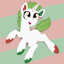 Size: 2100x2100 | Tagged: safe, artist:sjart117, derpibooru import, oc, oc only, oc:unicorn candy cane, pony, unicorn, christmas, colored hooves, ear fluff, ear tag, female, festive, green mane, holiday, mare, multicolored eyes, plushie, ponified, smiling, solo, tinsel, toy, toy interpretation, ty, unshorn fetlocks, white coat, white fur