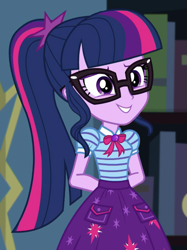 Size: 495x661 | Tagged: safe, derpibooru import, screencap, sci-twi, twilight sparkle, equestria girls, equestria girls series, star crossed, arm behind back, bowtie, clothes, cropped, cute, female, geode of telekinesis, glasses, magical geodes, ponytail, skirt, smiling, solo, twiabetes