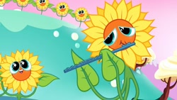 Size: 1280x720 | Tagged: safe, derpibooru import, screencap, pony, do princesses dream of magic sheep, flower, flute, musical instrument, nightmare fuel, nightmare sunflower, singing, sunflower