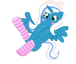 Size: 1200x1000 | Tagged: safe, artist:shipperofheart, derpibooru import, oc, oc:fleurbelle, alicorn, pony, adorabelle, alicorn oc, blushing, bow, clothes, cute, female, golden eyes, hair bow, legs in air, mare, on back, ribbon, socks, spread wings, striped socks, wings