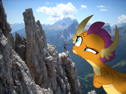 Size: 2560x1920 | Tagged: safe, artist:dashiesparkle, artist:somerandomminion, derpibooru import, smolder, dragon, human, crossed arms, giant pony, irl, macro, mountain, mountain climbing, photo, photomanipulation, photoshop, ponies in real life, raised eyebrow, read description, size difference, skeptical, vector, wat