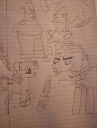 Size: 719x949 | Tagged: safe, derpibooru import, chancellor neighsay, twilight sparkle, alicorn, human, pony, unicorn, school daze, black and white, grayscale, homer simpson, lined paper, monochrome, sideshow bob, traditional art