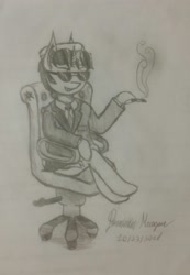 Size: 1861x2687 | Tagged: safe, artist:antique1899, derpibooru import, oc, oc only, oc:ragtime melody, pony, unicorn, cigarette, clothes, cursive writing, signature, smoking, solo, suit, sunglasses, swivel chair, traditional art