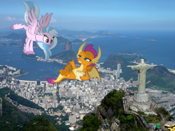 Size: 1200x900 | Tagged: safe, artist:frownfactory, artist:shutterflyeqd, artist:somerandomminion, derpibooru import, silverstream, smolder, classical hippogriff, dragon, hippogriff, brazil, cristo redentor, female, giantess, handstand, irl, lying down, macro, notepad, photo, photomanipulation, photoshop, ponies in real life, rio de janeiro, story included, vector