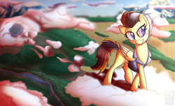 Size: 2800x1700 | Tagged: safe, artist:elmutanto, derpibooru import, oc, oc only, oc:teravolt skyrider, pegasus, pony, clothes, cloud, freckles, scenery, sky, smiling, smirk, sunset, vest