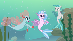 Size: 3683x2104 | Tagged: safe, artist:phucknuckl, derpibooru import, ocellus, silverstream, terramar, seapony (g4), season 8, surf and/or turf, brother and sister, clothes, disguise, disguised changeling, female, male, open mouth, seaponified, seapony ocellus, siblings, species swap, trio, underwater