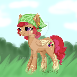 Size: 600x600 | Tagged: safe, artist:furreon, derpibooru import, oc, oc only, pegasus, pony, adoptable, adopted, bandana, colored wings, colored wingtips, dappled, deviantart watermark, ear piercing, earring, female, jewelry, lidded eyes, mare, obtrusive watermark, piercing, signature, solo, watermark