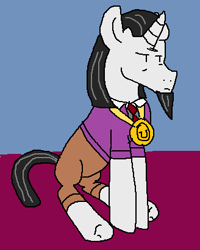 Size: 328x411 | Tagged: safe, artist:thunderzizi, derpibooru import, chancellor neighsay, pony, school raze, clothes, pants, schoolboy, solo, unamused