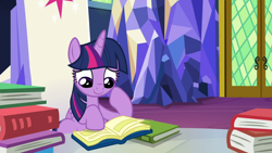 Size: 1280x720 | Tagged: safe, derpibooru import, screencap, twilight sparkle, twilight sparkle (alicorn), alicorn, pony, father knows beast, book, friendship throne, smiling, solo, that pony sure does love books