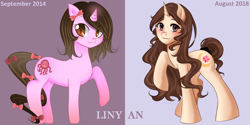 Size: 1500x750 | Tagged: safe, artist:liny-an, derpibooru exclusive, derpibooru import, oc, oc only, oc:liny an, pony, unicorn, bow, comparison, female, ponysona, smiling