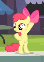 Size: 340x476 | Tagged: safe, derpibooru import, screencap, apple bloom, earth pony, pony, leap of faith, bipedal, bow, cropped, cute, female, filly, foal, hair bow, hooves on hips, human pose, raised hoof, smiling, solo, stretching