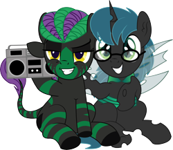 Size: 5442x4724 | Tagged: safe, artist:cyanlightning, derpibooru import, oc, oc only, oc:acid drive, oc:stratamax, changeling, pony, unicorn, .svg available, 2019 community collab, absurd resolution, boombox, derpibooru community collaboration, duo, glasses, jewelry, male, necklace, open mouth, simple background, sitting, smiling, smug, spread wings, stallion, transparent background, vector, wings