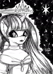 Size: 1280x1786 | Tagged: safe, artist:lucaaegus, derpibooru import, twilight sparkle, twilight sparkle (alicorn), alicorn, anthro, black and white, crown, female, grayscale, jewelry, monochrome, princess, regalia, sketch, solo, stars, twilight (astronomy)