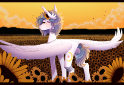 Size: 3000x2060 | Tagged: safe, artist:skimea, derpibooru import, oc, oc:shylu, pegasus, pony, female, flower, mare, plot, solo, sunflower