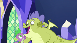 Size: 1280x720 | Tagged: safe, derpibooru import, screencap, sludge (g4), spike, dragon, father knows beast, male, winged spike, wings