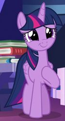 Size: 338x629 | Tagged: safe, derpibooru import, screencap, twilight sparkle, twilight sparkle (alicorn), alicorn, pony, father knows beast, book, cropped, cute, female, mare, smiling, solo, twiabetes