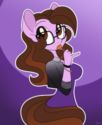 Size: 1200x1472 | Tagged: safe, artist:sweetfilthyfun, derpibooru import, oc, oc only, oc:ivy rose, anthro, bracelet, breasts, candy, clothes, dress, female, food, glasses, jacket, jewelry, lollipop, looking at you, solo