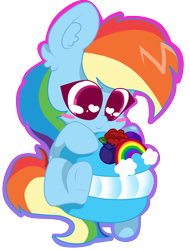 Size: 2807x3689 | Tagged: safe, artist:kittyrosie, derpibooru import, rainbow dash, pegasus, pony, chibi, female, food, heart eyes, macaron, mare, simple background, solo, transparent background, wingding eyes