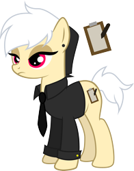 Size: 2320x2960 | Tagged: safe, artist:duskthebatpack, derpibooru import, oc, oc only, oc:note clip, earth pony, pony, clothes, ear piercing, female, frown, lidded eyes, long sleeves, mare, necktie, piercing, shirt, simple background, solo, standing, transparent background, vector