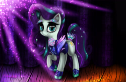 Size: 5120x3360 | Tagged: safe, artist:darksly, derpibooru import, coloratura, earth pony, pony, the mane attraction, clothes, countess coloratura, curtain, female, mare, raised hoof, smiling, solo, stage