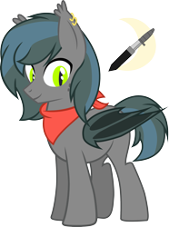 Size: 2213x2974 | Tagged: safe, artist:duskthebatpack, derpibooru import, oc, oc only, oc:notde, pony, bat wings, clothes, ear fluff, ear piercing, earring, folded wings, freckles, jewelry, male, piercing, scarf, simple background, slit eyes, smiling, solo, stallion, standing, transparent background, vector