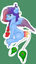 Size: 675x1200 | Tagged: safe, artist:birdsarecool, derpibooru import, oc, oc:plume, bird, bird pone, peacock, pegasus, pony, blue coat, female, mare, mint eyes, solo