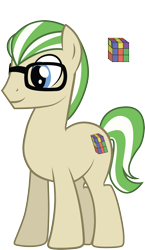 Size: 1718x2972 | Tagged: safe, artist:duskthebatpack, derpibooru import, oc, oc only, oc:enigma, earth pony, pony, glasses, male, rubik's cube, simple background, smiling, solo, stallion, standing, transparent background, vector