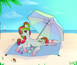 Size: 1995x1675 | Tagged: safe, artist:bestiary, derpibooru import, oc, oc only, oc:watermelana, pony, beach, beach umbrella, boat, food, freckles, french fries, gradient hooves, looking at you, solo, sunbathing, sunglasses, towel