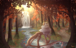 Size: 3300x2096 | Tagged: safe, artist:monogy, derpibooru import, oc, oc only, oc:sunflower, pony, unicorn, crepuscular rays, female, forest, leaves, mare, river, solo, stream, tree, waterfall