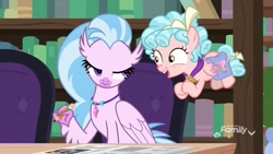 Size: 1920x1080 | Tagged: safe, derpibooru import, screencap, cozy glow, silverstream, hippogriff, pegasus, pony, school raze, cozy glow is best facemaker, crossword puzzle, duo, faic, female, filly, flying, foal, lidded eyes, pencil, saddle bag